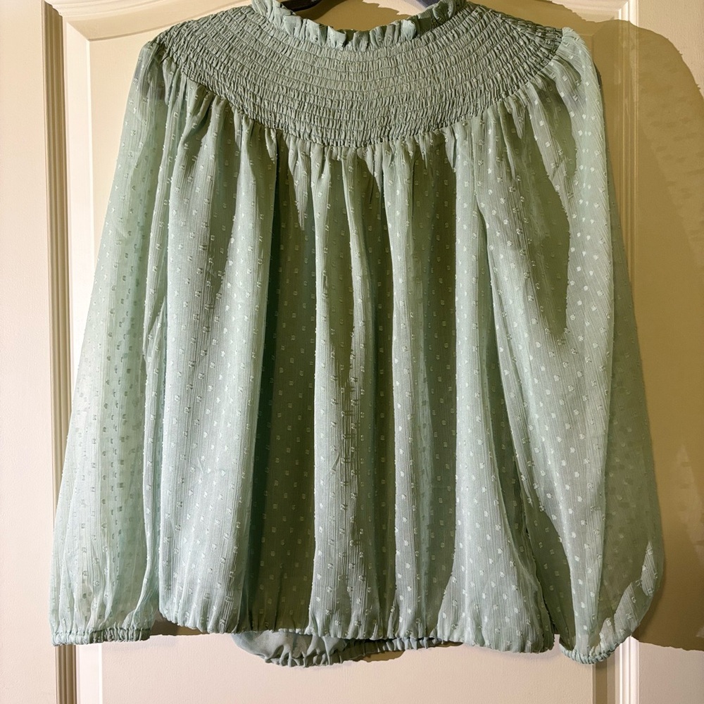 LOFT Green Smocked 3/4 Sleeve Blouse